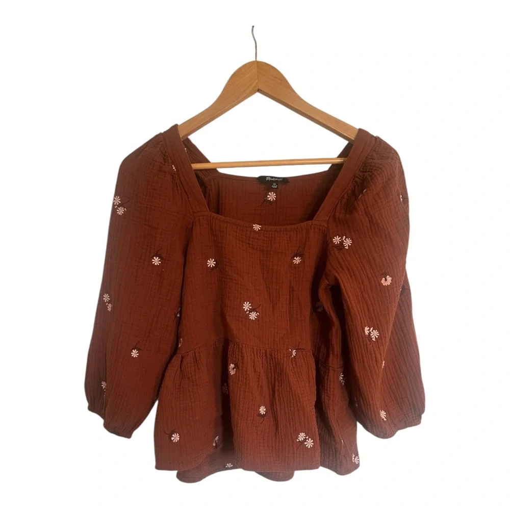 Madewell Rust Brown Floral Square-Neck Peplum Blouse